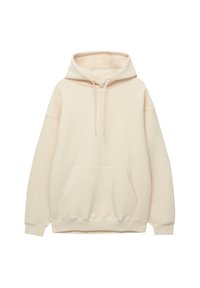 Sweat à capuche beige clair à enfiler avec une poche kangourou frontale, manches longues, poignets côtelés, ourlet et capuche réglable avec cordon.