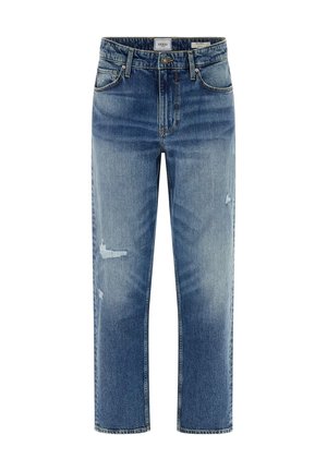 Modre jeans hlače iz jeansa s ravnim krojem, svetlim pranjem in obrabljenimi detajli. Imajo pet žepov in zadrgo.