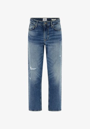 Modré džínové kalhoty s rovně střihem, světlejším praním a opotřebovanými detaily. Mají design s pěti kapsami a zipový zapínání.