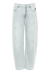 Jeans in denim chiaro con vestibilità rilassata, vita alta e discreti dettagli strappati sul davanti. Presenta tasche standard e chiusura con bottone.
