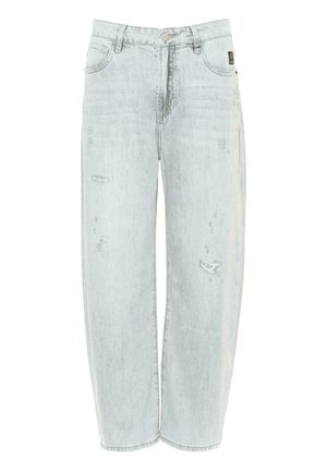 Light wash denim jeans with a relaxed fit, high waist, and subtle distressed details on the front. Features standard pockets and a button closure.