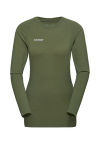 Olivgrünes Langarmshirt aus weichem Stoff, mit Rundhalsausschnitt, Raglanärmeln und einem in Weiß auf der Brust aufgedruckten Logo.