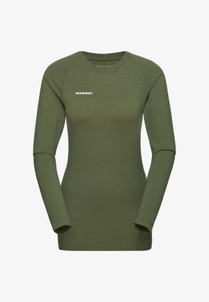 Olivgrünes Langarmshirt aus weichem Stoff, mit Rundhalsausschnitt, Raglanärmeln und einem in Weiß auf der Brust aufgedruckten Logo.