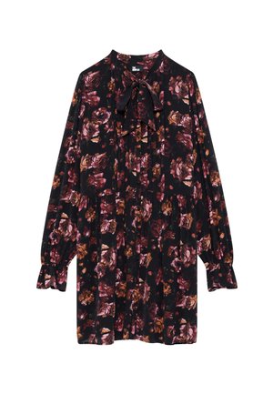 Blumen kleid aus schwarzem Stoff mit dunklen burgunder und braunen Farbtönen. Lange Ärmel, plissiertes Design und ein Halsbanddetail.