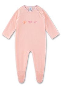 Rosa Langarm-Overall mit floralem und Schmetterlingsdesign auf der Vorderseite, aus weichem Stoff mit Fußfertigung und Druckknopfverschluss.