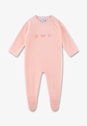 Rosa Langarm-Overall mit floralem und Schmetterlingsdesign auf der Vorderseite, aus weichem Stoff mit Fußfertigung und Druckknopfverschluss.