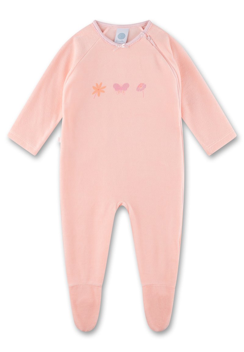 Rosa Langarm-Overall mit floralem und Schmetterlingsdesign auf der Vorderseite, aus weichem Stoff mit Fußfertigung und Druckknopfverschluss.