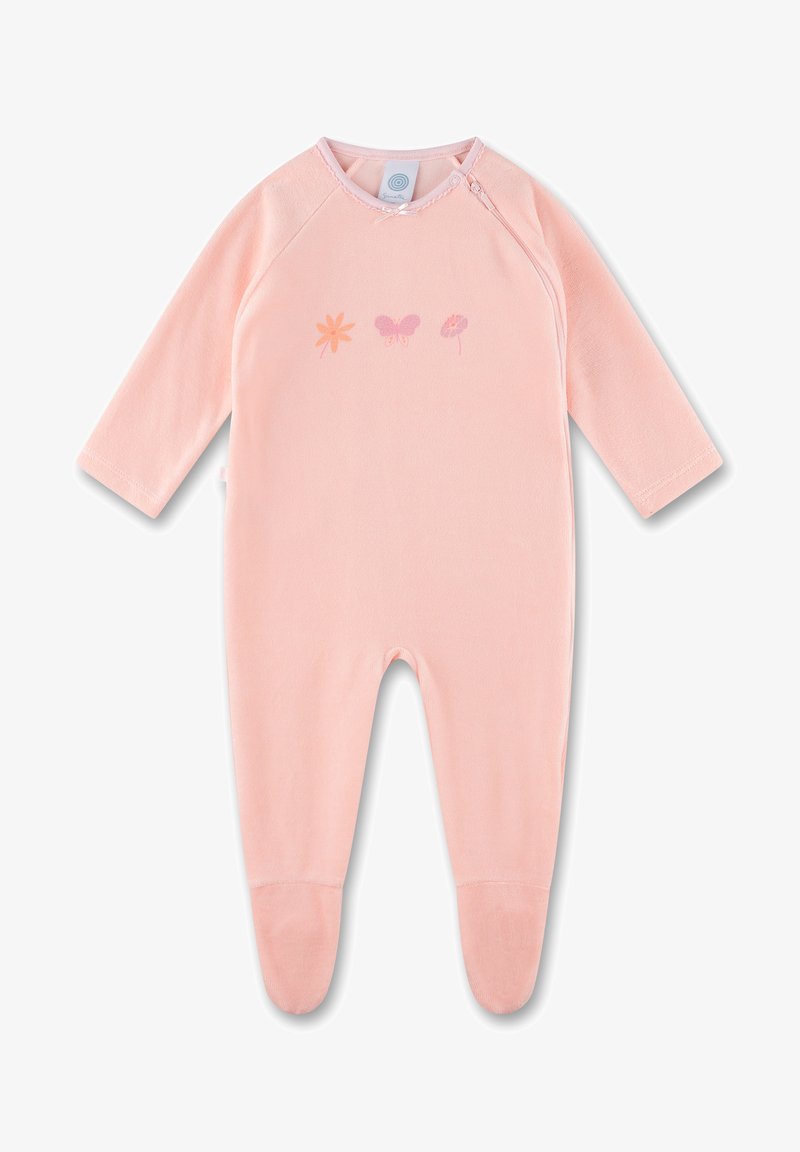 Rosa Langarm-Overall mit floralem und Schmetterlingsdesign auf der Vorderseite, aus weichem Stoff mit Fußfertigung und Druckknopfverschluss.