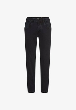Schwarze Jeans aus Denim mit schlankem Schnitt, ausgestattet mit Fronttaschen, einem Reißverschluss und einer glatten Textur. Klassisches Fünf-Taschen-Design, vielseitig für die Freizeit.