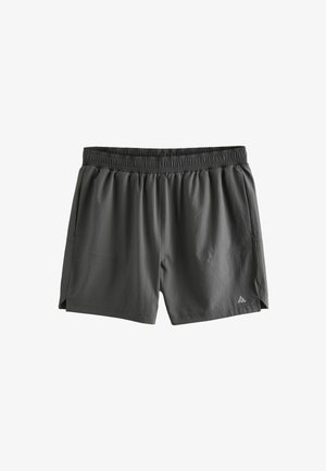 Graue Sportshorts mit elastischem Bund, Seitentaschen und kleinem Logodetail. Hergestellt aus leichtem, atmungsaktivem Material.
