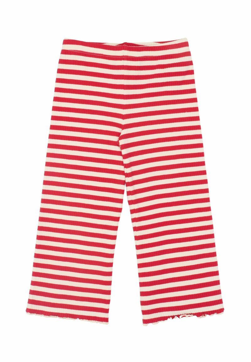 Červeno-krémové horizontálně pruhované ribbed kalhoty, široké nohavice, s hrubým lemem a elastickým pasem. Měkká textilie.