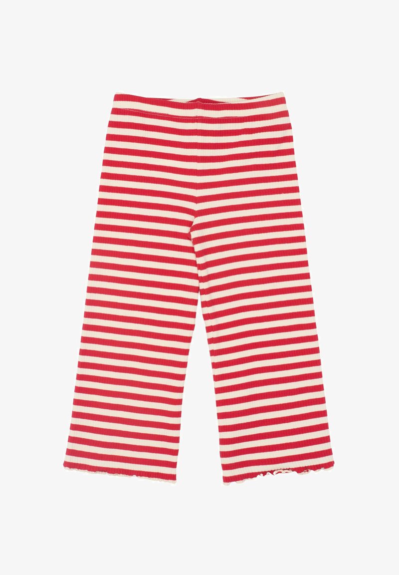 Červeno-krémové horizontálně pruhované ribbed kalhoty, široké nohavice, s hrubým lemem a elastickým pasem. Měkká textilie.
