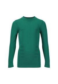 Långärmad, figurnära sporttröja i enhetlig grön färg. Tillverkad av sömlöst, elastiskt material med texturerade accenter och varierande sömmönster.