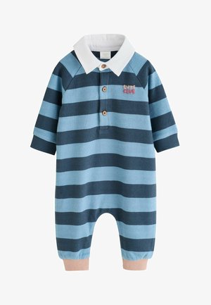 Babydragt med vandrette marineblå og lyseblå striber, hvid krave, tre træknapper og manchetben i lys beige.