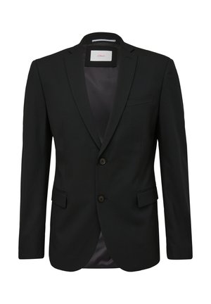 Zwarte blazer van soepel stof, met een reverskraag, twee knopen en twee voorzakken. De binnenkant is gevoerd in een contrasterende kleur.