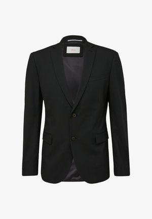 Schwarzer Blazer aus glattem Stoff, mit Revers, zwei Knöpfen und zwei vorderen Taschen. Das Innenfutter ist in einer kontrastierenden Farbe gehalten.