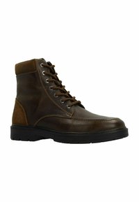 Bruine leren enkellaars met een gestructureerde afwerking, gladde neuskap, vetersluiting en rubberen zool. Heeft een suede accent op de hak.