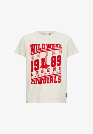 Kremowa koszulka z wyraźnym czerwonym nadrukiem: "WILD WEST RODEO 1989 LEGEND TEXAS COWGIRLS" oraz wizerunkiem kowbojskiego buta.