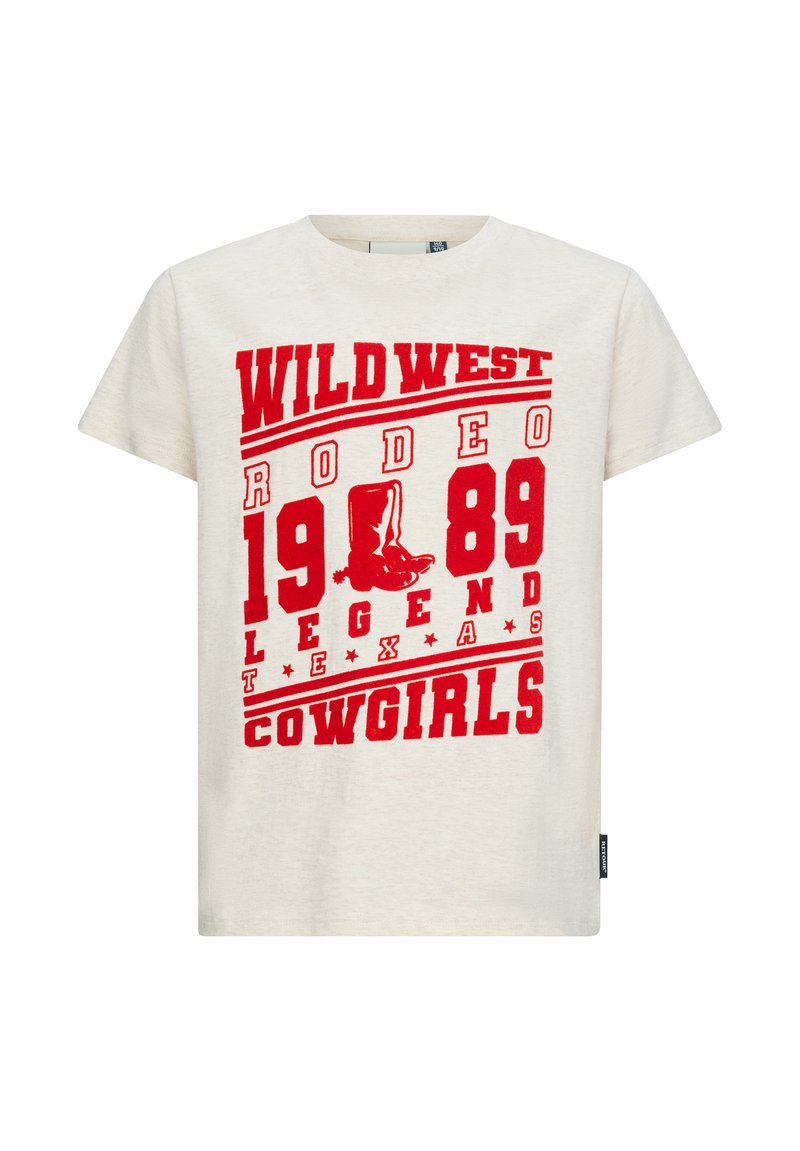 Kremowa koszulka z wyraźnym czerwonym nadrukiem: "WILD WEST RODEO 1989 LEGEND TEXAS COWGIRLS" oraz wizerunkiem kowbojskiego buta.