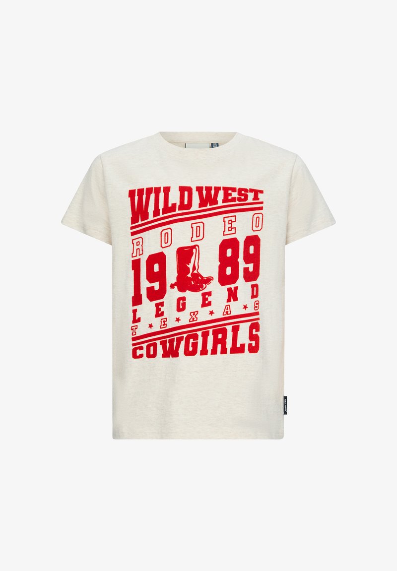 Kremowa koszulka z wyraźnym czerwonym nadrukiem: "WILD WEST RODEO 1989 LEGEND TEXAS COWGIRLS" oraz wizerunkiem kowbojskiego buta.