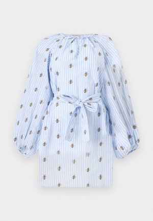 Light blue and white striped long-sleeve dress with a tie waist and small bee patterns embroidered throughout the fabric.