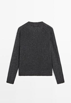 Dark gray knitted sweater with ribbed neckline and cuffs, featuring a textured pattern and straight cut, viewed from the back.