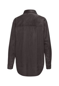Long-sleeve shirt in dark gray with a smooth, textured fabric. Features a classic collar, buttoned cuffs, and a straight cut back.