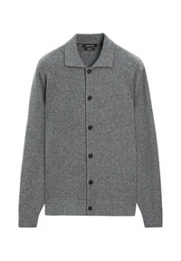 Cardigan grigio lavorato a maglia con colletto, maniche lunghe e cinque bottoni neri sul davanti.