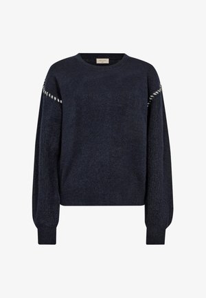 Marineblauw sweater met een ronde halslijn, volumineuze mouwen en een gestructureerd ontwerp. Bevat een subtiele contrasterende stikselafwerking langs de schouders.
