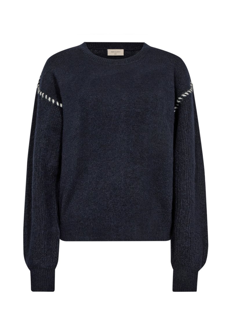 Marineblauw sweater met een ronde halslijn, volumineuze mouwen en een gestructureerd ontwerp. Bevat een subtiele contrasterende stikselafwerking langs de schouders.