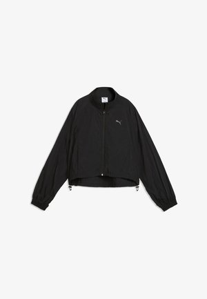 Giacca leggera nera Puma con zip frontale completa, collo alto, polsini elasticizzati e logo sul petto, mostrata su sfondo bianco.