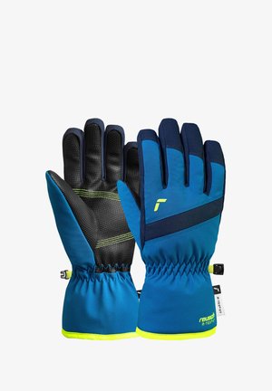 Ein Paar blaue Winterhandschuhe mit schwarzen strukturierten Handflächen, elastischen Bündchen, neon-gelber Abrundung und Reusch R-TEX XT Branding an den Manschetten.