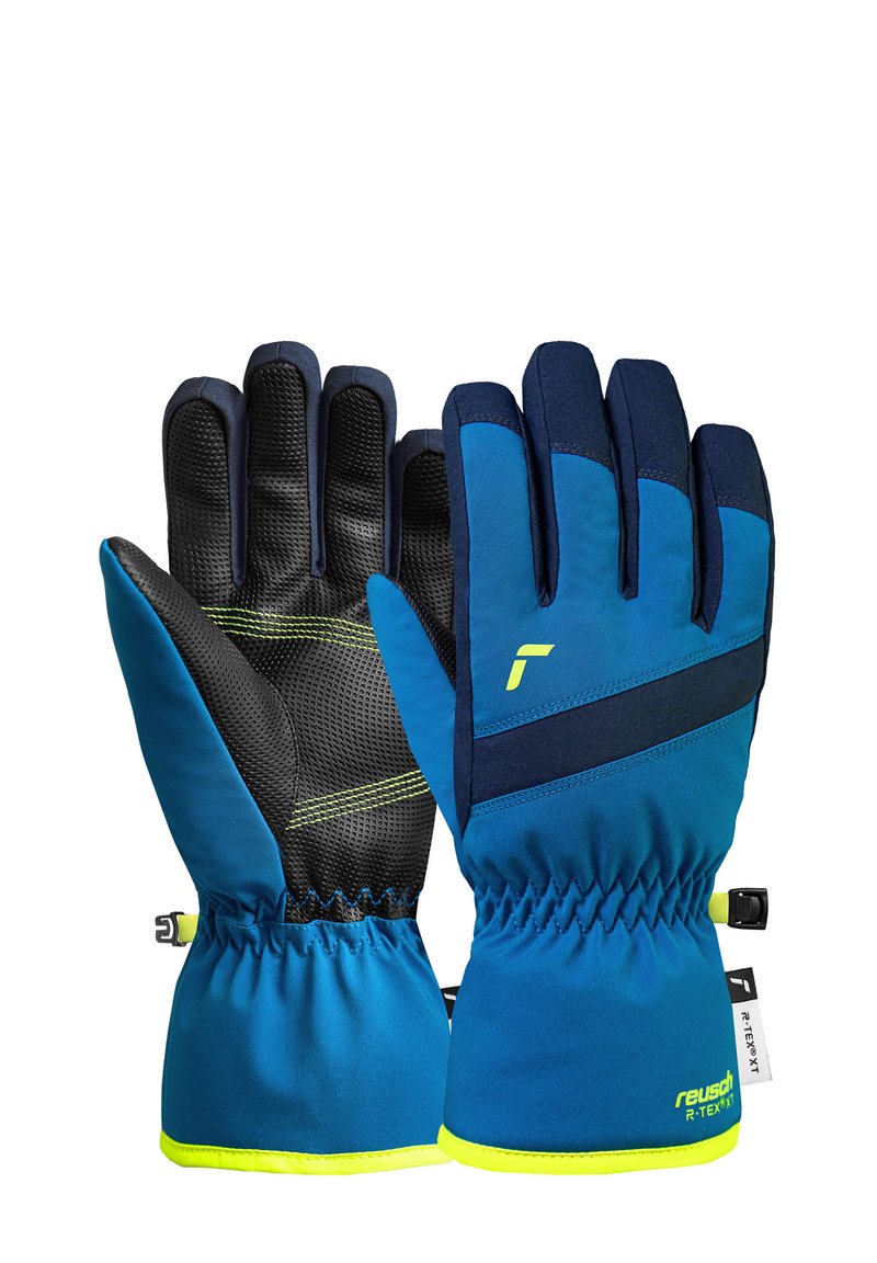 Ett par blå vinterhandskar med svarta texturerade handflator, elastiska handledar, neon-gul trim och Reusch R-TEX XT-märke på mudden.