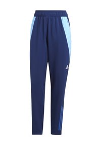 Marine sportieve broek met lichtblauwe zijpanelen; elastische tailleband; rechte pijpen; drie blauwe strepen nabij de zoom; gemaakt van een glad, lichtgewicht materiaal.