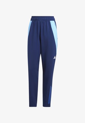 Navy athletic pants with light blue side panels; elastic waistband; straight legs; three blue stripes near hem; made from smooth, lightweight material.