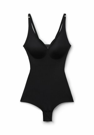 Czarny jednoczęściowy kombinezon z regulowanymi cienkimi ramiączkami, formowanymi miseczkami i zapięciami na zatrzaski w kroku, ułożony płasko na białym tle.