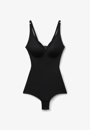 Zwart éénstuk bodysuit met verstelbare dunne schouderbandjes, gevormde cups en drukknoopsluitingen aan de kruis, plat liggend op een witte achtergrond.
