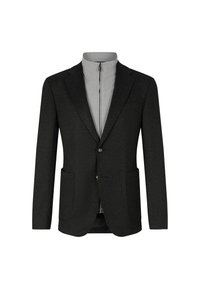Blazer mit einem dunkelgrauen Wollaußenmaterial, strukturierten Revers, zwei Fronttaschen und einem grauen, mit Reißverschluss versehenen inneren Kragen, der vorne mit zwei Knöpfen geschlossen wird.