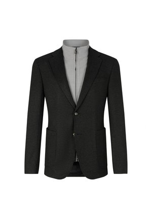 Blazer con un esterno in lana grigio scuro, rever strutturati, due tasche frontali e un colletto interno grigio con zip, dotato di due bottoni anteriori.