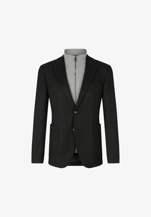 Blazer mit einem dunkelgrauen Wollaußenmaterial, strukturierten Revers, zwei Fronttaschen und einem grauen, mit Reißverschluss versehenen inneren Kragen, der vorne mit zwei Knöpfen geschlossen wird.
