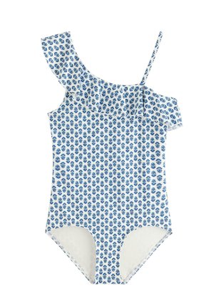 Hvid badedragt i ét stykke med blåt blomsterprint, en skulderstrop med flæser og en tynd strop på den anden side.