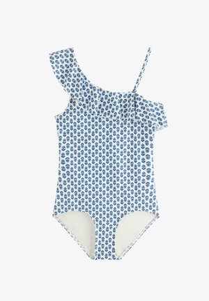 Valkoinen yksiosainen uimapuku, jossa sininen kukkakuvio, yhdellä liehukeolkaimella ja toisella ohuella olkaimella.