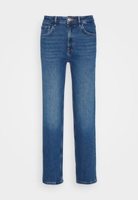 Modré rovné džínové kalhoty s předními kapsami, poutky na opasek a knoflíkovým zapínáním na bílém pozadí.