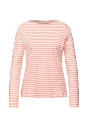 Langærmet bluse med rund hals og horisontale koral- og hvide striber, tætsiddende pasform, vist på en hvid baggrund.