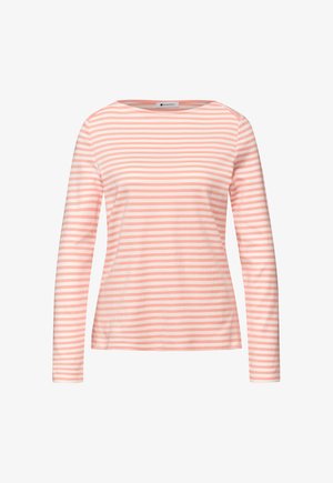 Langærmet bluse med rund hals og horisontale koral- og hvide striber, tætsiddende pasform, vist på en hvid baggrund.