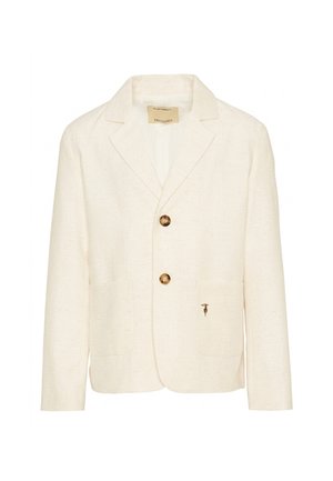 Crèmekleurige blazer met twee bruine knopen, inkeping revers, frontzakken en een klein geborduurd logo op de onderste rechterzak.