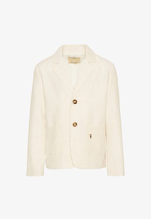 Crèmekleurige blazer met twee bruine knopen, inkeping revers, frontzakken en een klein geborduurd logo op de onderste rechterzak.