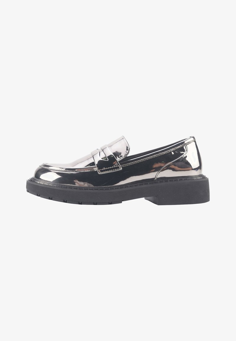 Black patent leather loafers with a rounded toe, low thick sole, and a decorative strap across the vamp. Smooth and shiny surface.