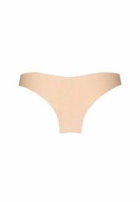 Beige tangaunderkläder gjorda av mjukt tyg, med en minimalistisk design, elastiskt midjeband och en slät textur utan synliga sömmar.