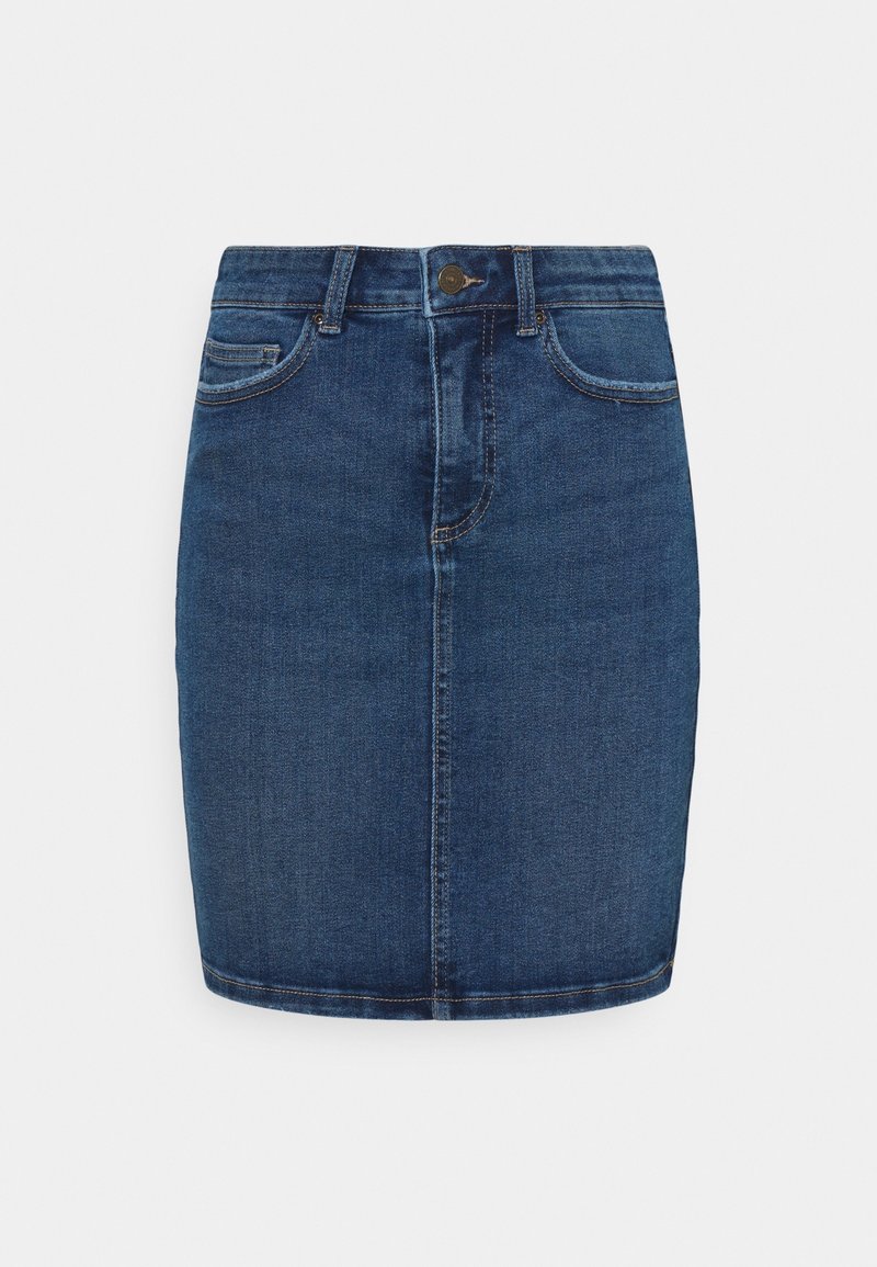 Jupe en denim bleu foncé, à coupe droite, avec poches avant et fermeture à un seul bouton à la taille. Texture uniforme et design simple.